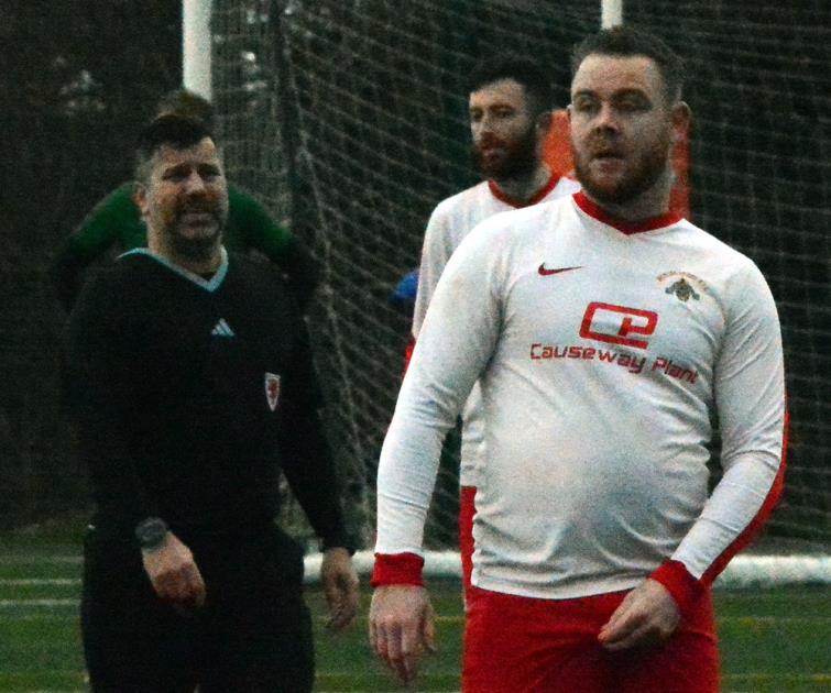 Joe Leahy scored two second half goals for Merlins Bridge then the striker saw red late in the tie. Picture Gordon Thomas